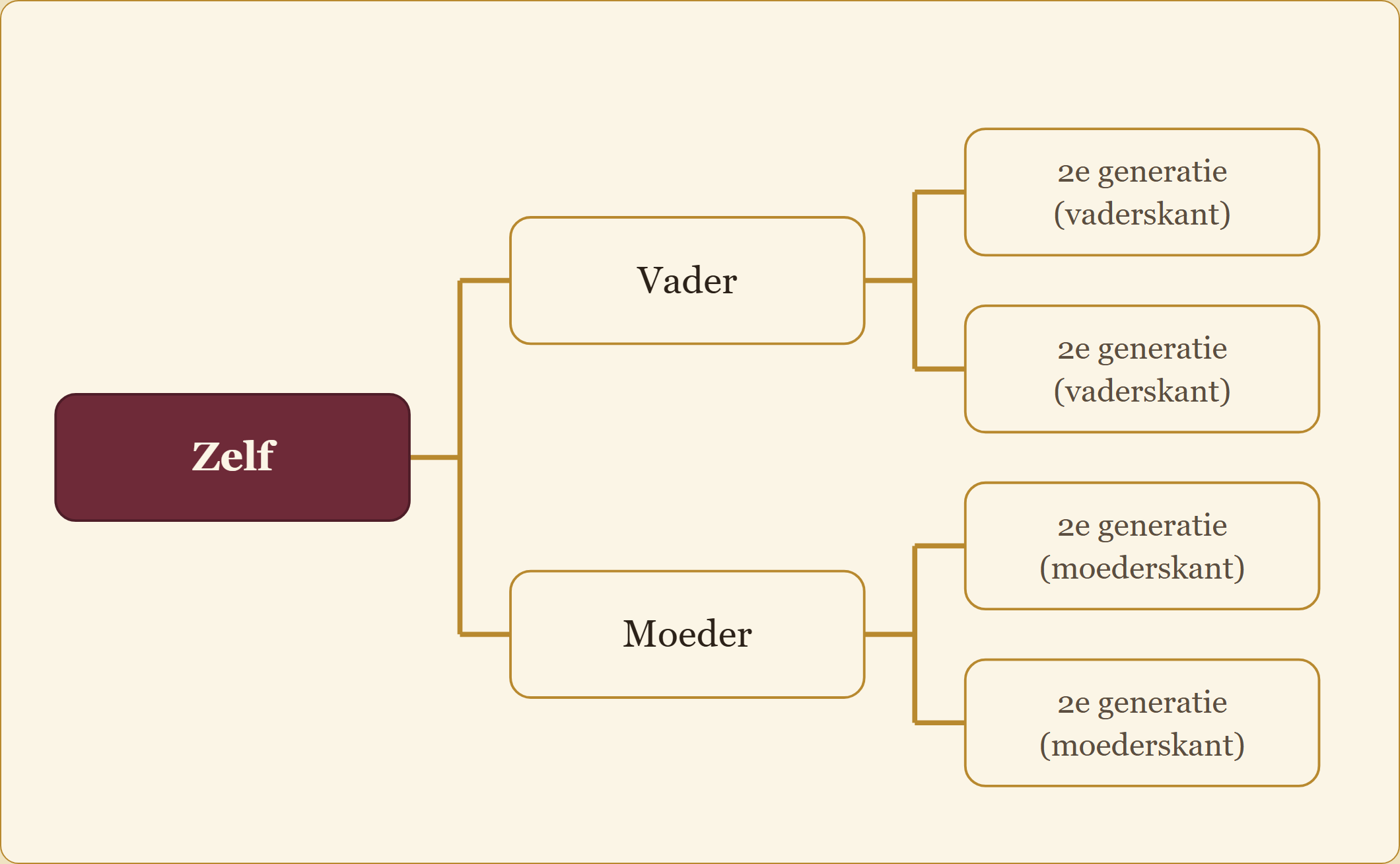 Een stamboomdiagram dat begint met de duif zelf en zich naar rechts uitbreidt in vader-/moedervakken, daarna vakken van de 2e generatie — zo breidt het zich verder uit tot de 3e en 4e generatie (8, dan 16 vakken).